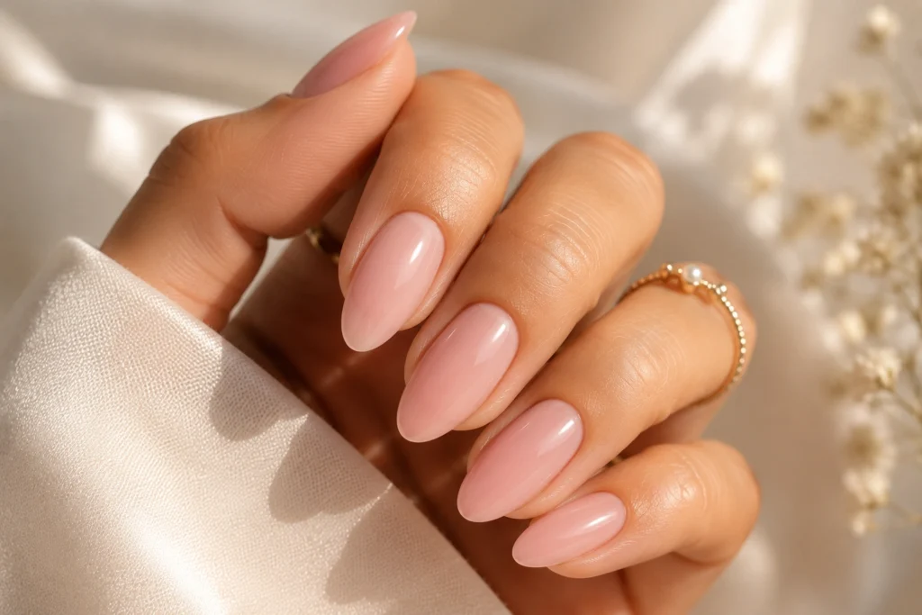 Soft pink classy summer manicure with elegant almond-shaped nails