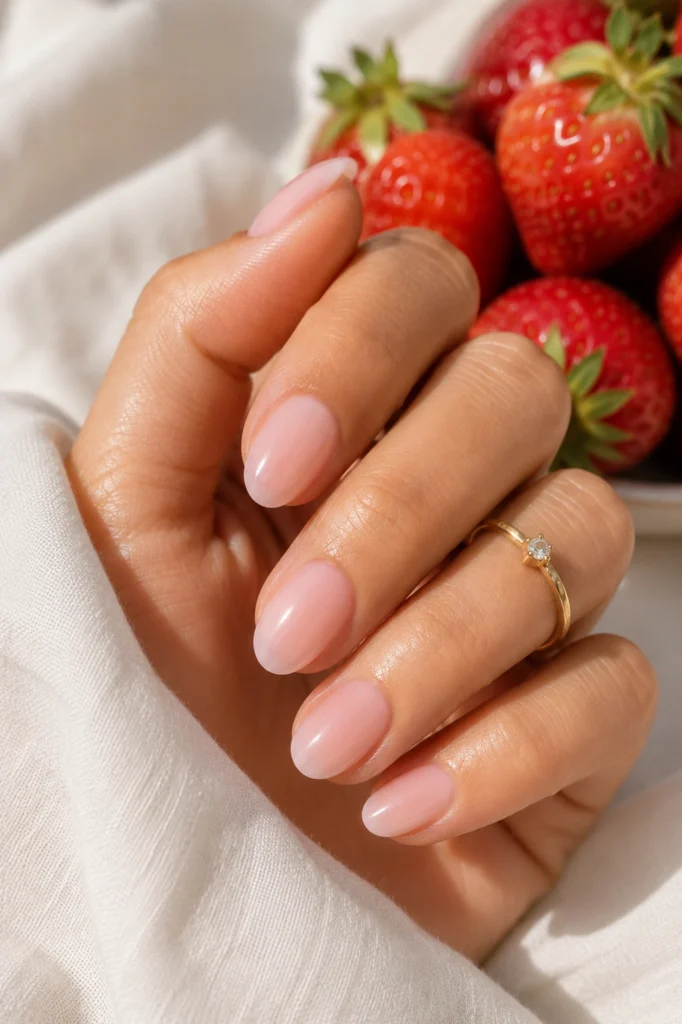 Strawberry milk pink summer nail color 2026 with glossy finish