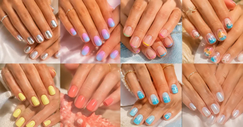 Summer Nails 2026 featuring chrome, pastel, French tips and tropical nail designs for women.
