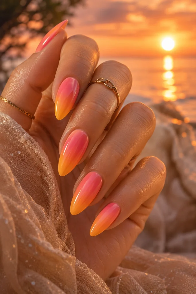 Sunset inspired pink orange and yellow summer nails
