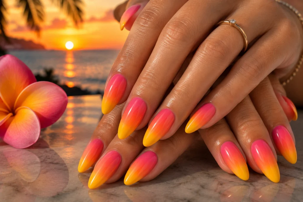 Sunset ombre bright summer nails 2026.