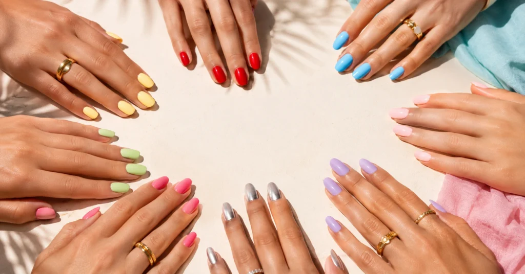 Top summer nail colors 2026 featuring trendy bright and pastel manicure shades