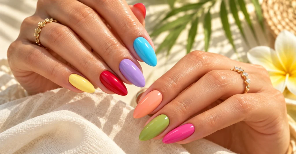 Trending summer nail color ideas 2026 featuring bright and pastel glossy manicure shades