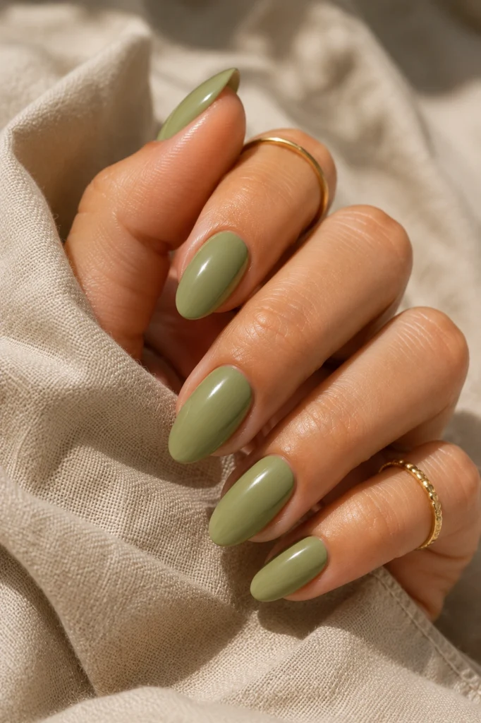 Trendy matcha green summer nail color 2026 with glossy finish