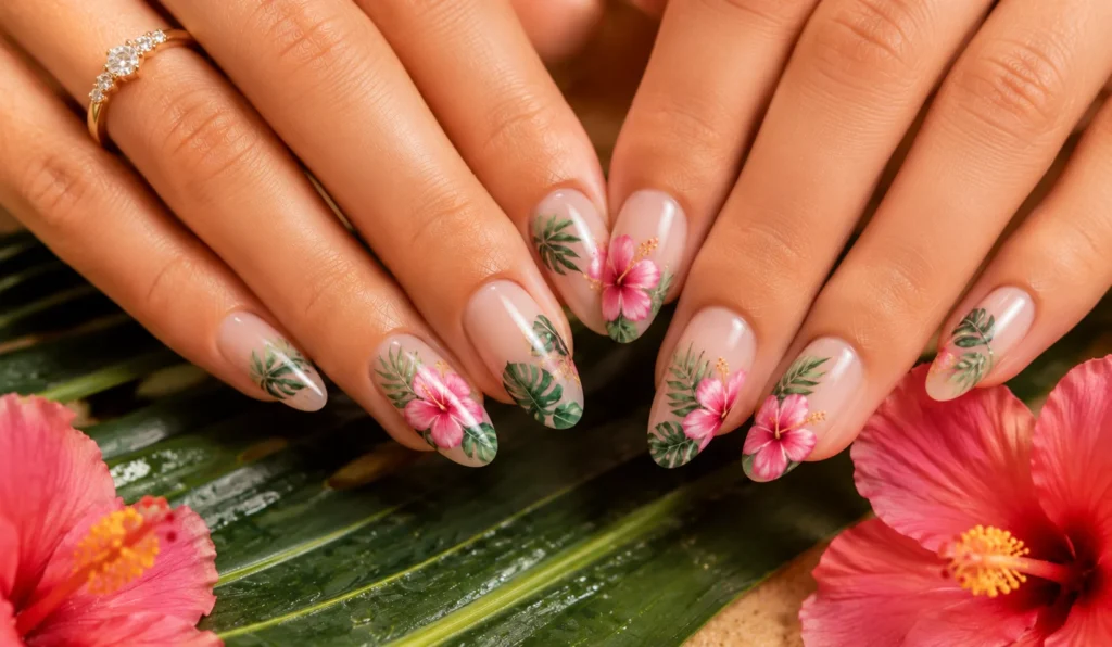 Tropical hibiscus flower nail art for summer vacations.