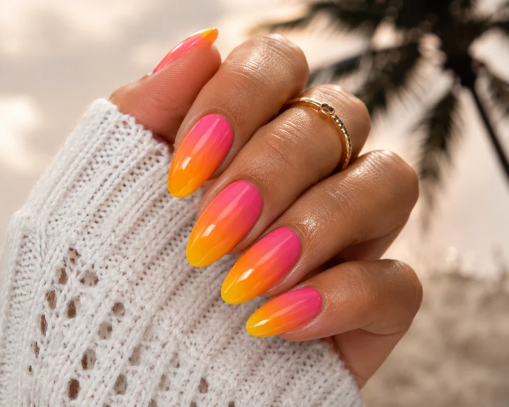 Tropical sunset ombre nails in orange pink and yellow