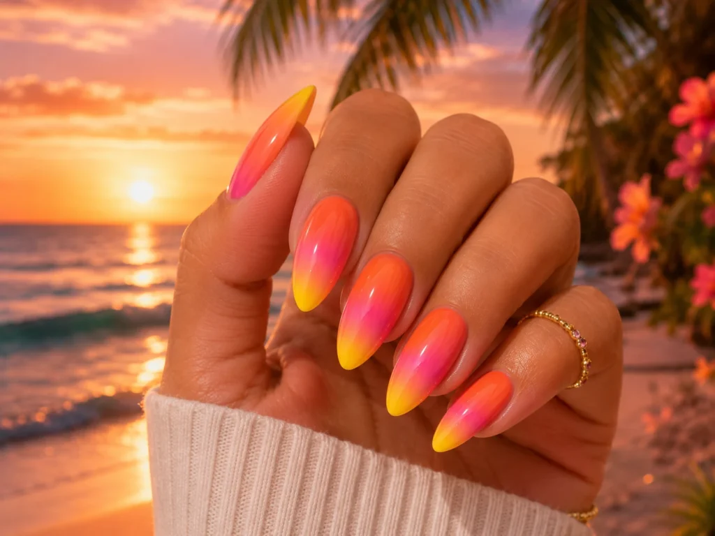 Tropical sunset ombre summer nail design