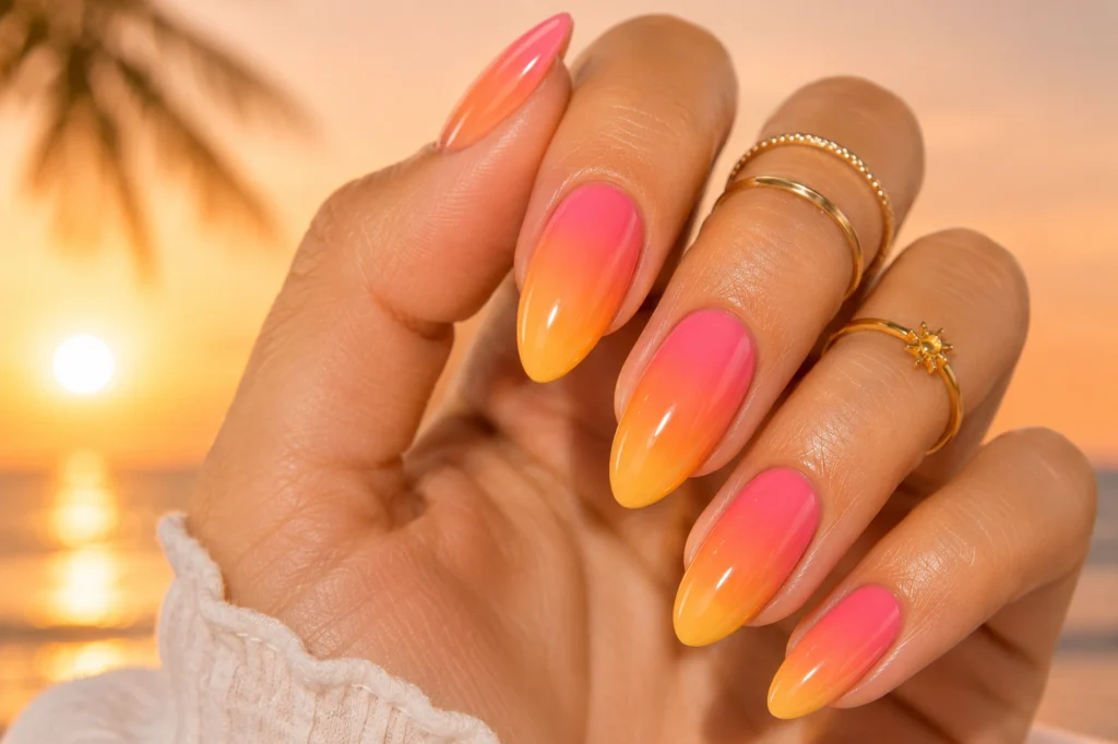 Tropical sunset ombre summer nails 2026