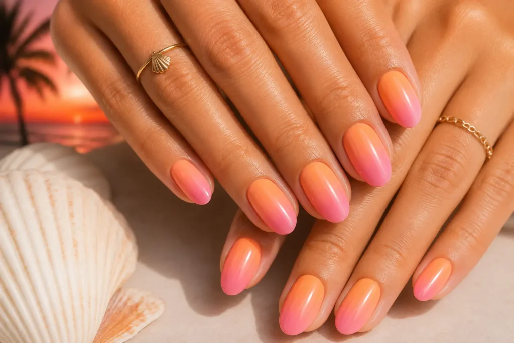 Tropical sunset ombre summer nails in coral and peach shades.