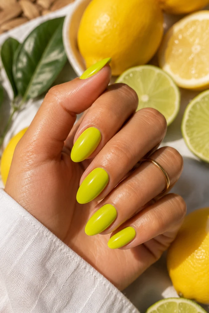 Vibrant lemon lime summer nails 2026 with a bright citrus manicure