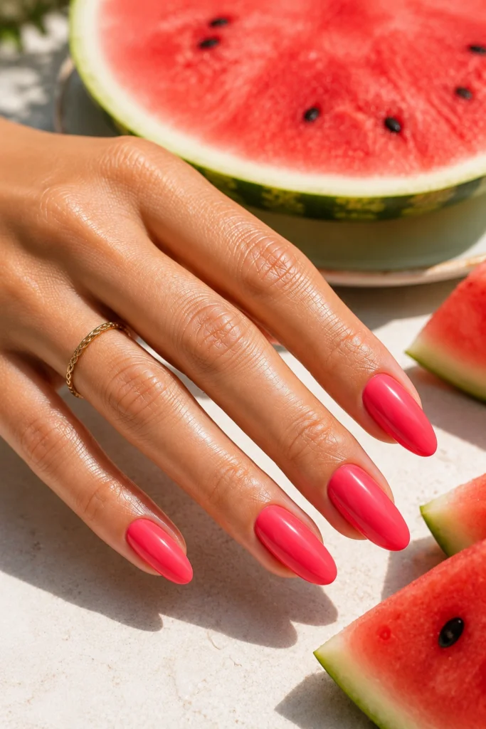 Watermelon pink nails with a juicy glossy finish