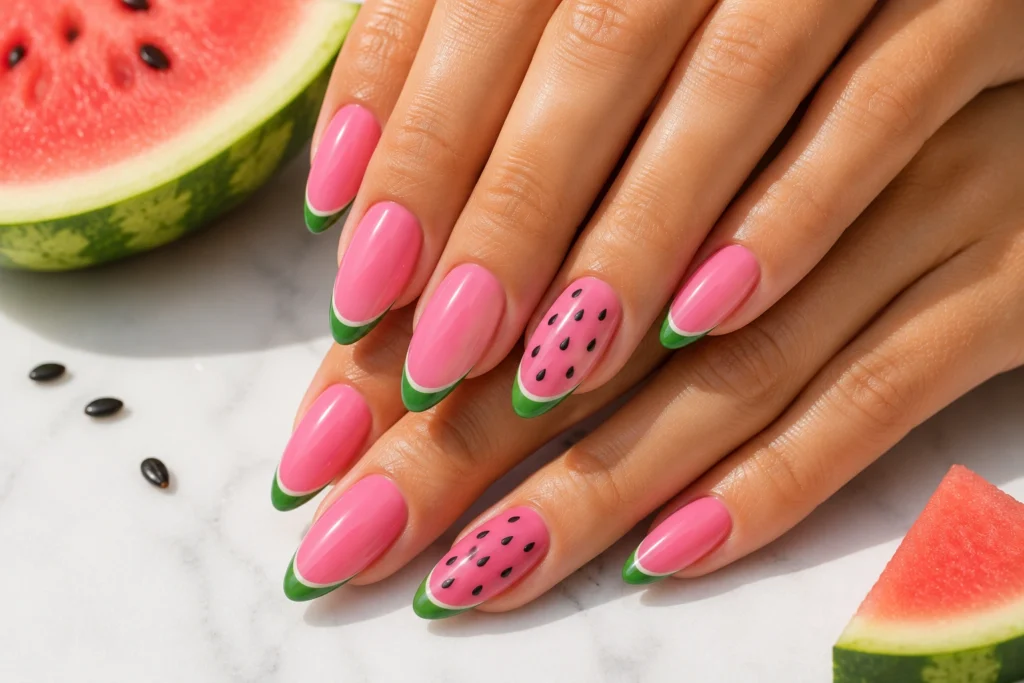 Watermelon summer nail art for bright nail inspiration.
