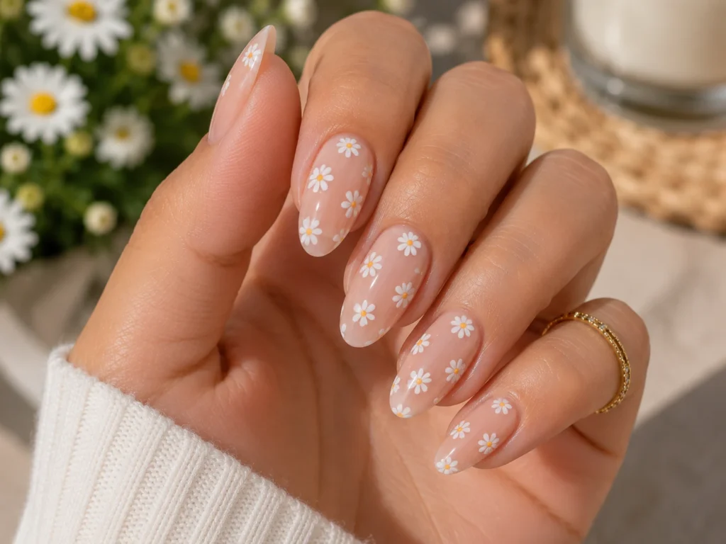 White daisy floral nail art for summer