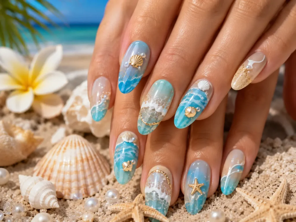 Beach-inspired Summer Nails 2026 featuring seashells, ocean waves, and pearl accents.