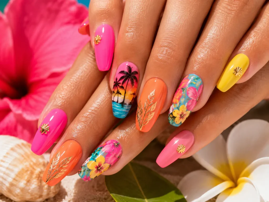 Bright Summer Nails 2026 featuring neon pink, orange, yellow, and blue nail designs.