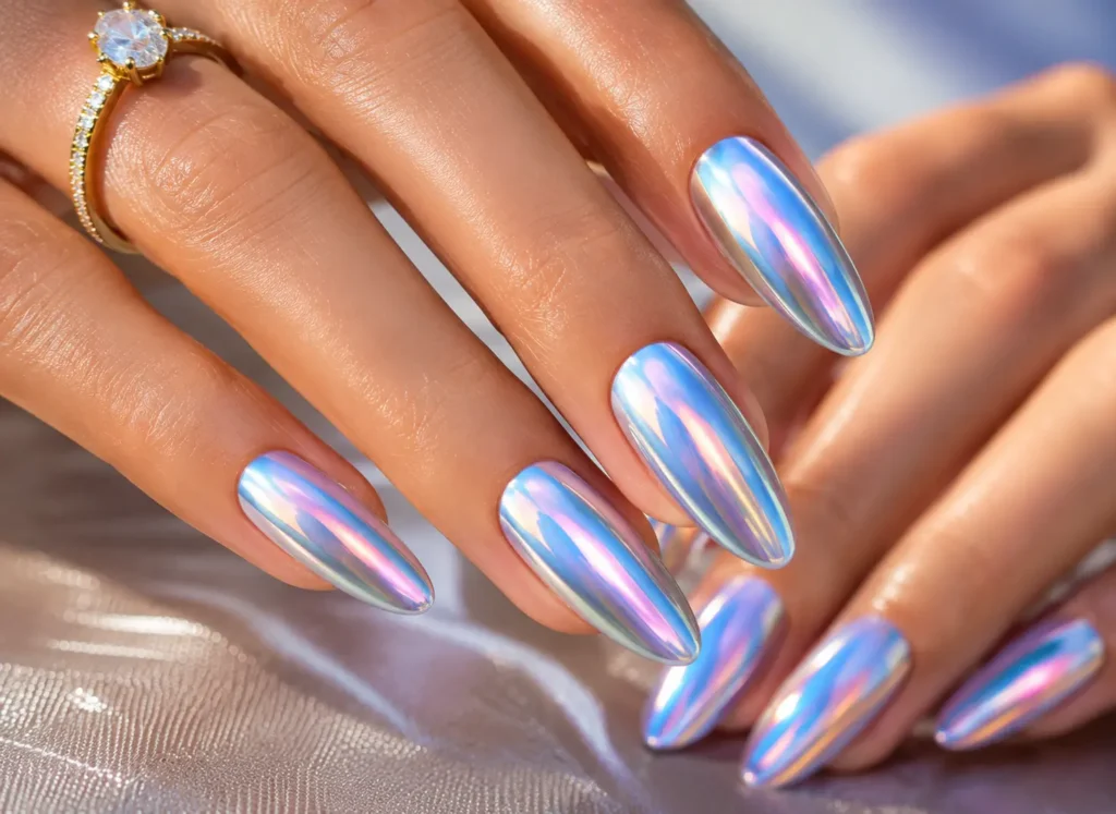 Glossy chrome Summer Nails 2026 with iridescent blue and pink finishes.