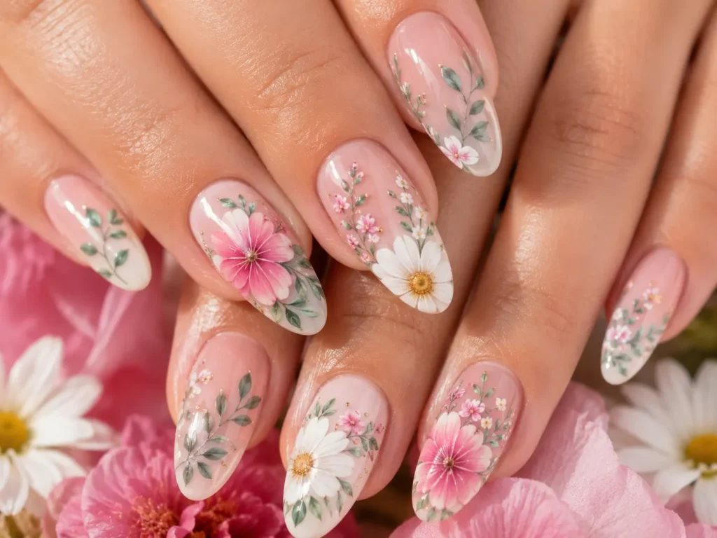 Floral Summer Nails 2026 with daisy and hibiscus nail art.