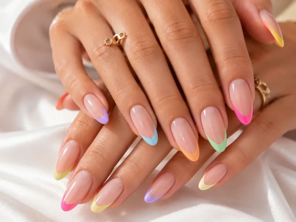 Modern French tip Summer Nails 2026 in colorful neon and pastel shades.