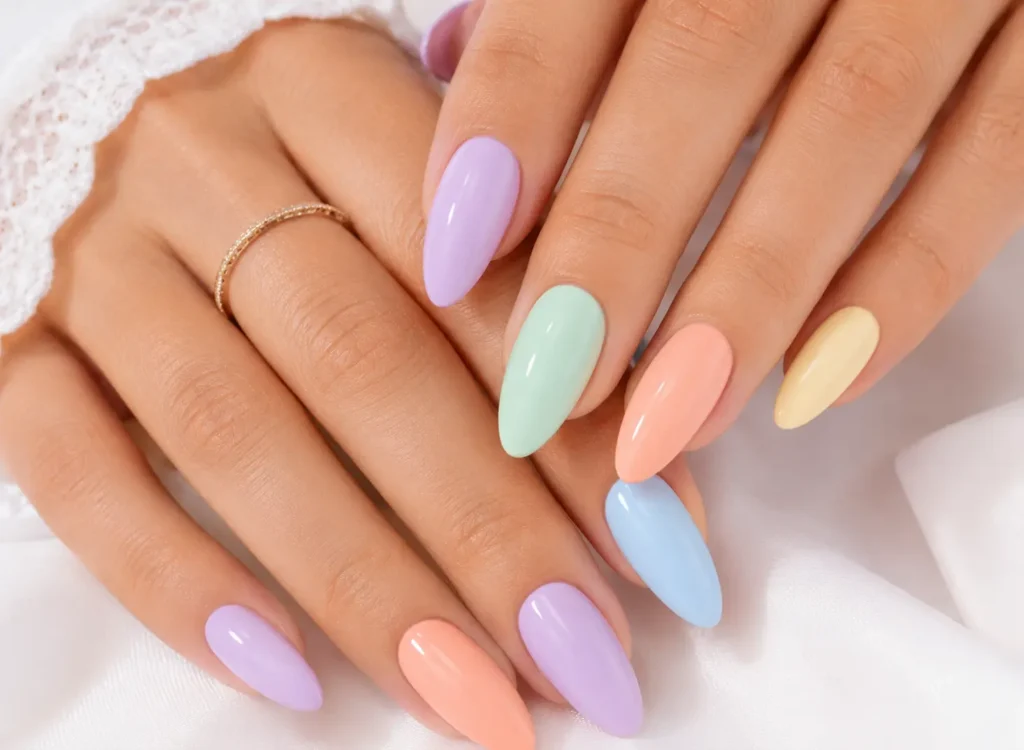 Pastel Summer Nails 2026 featuring lavender, mint green, baby blue, and peach shades.