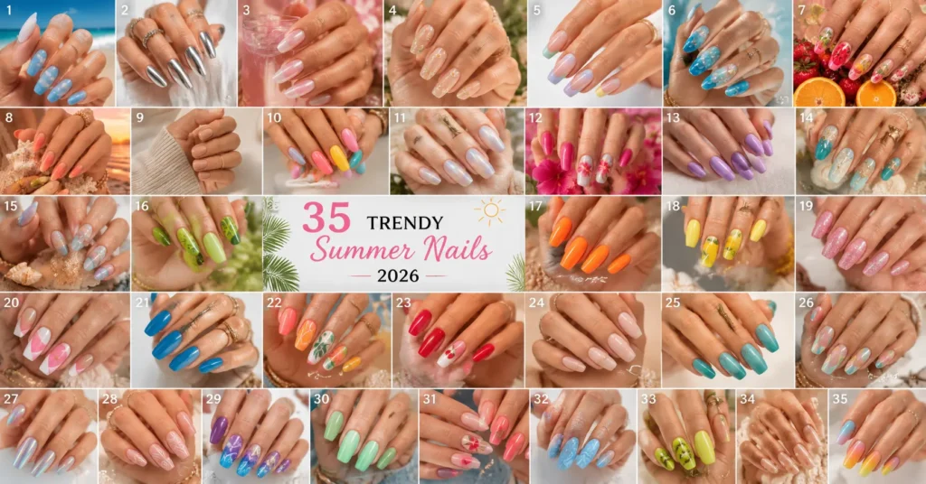35 trending Summer Nails 2026 designs featuring colorful chrome, floral, French tip, and tropical nail art.