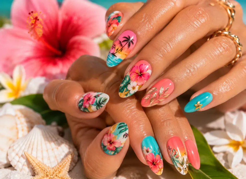 Tropical Summer Nails 2026 with palm leaves, hibiscus flowers, and vibrant colors.
